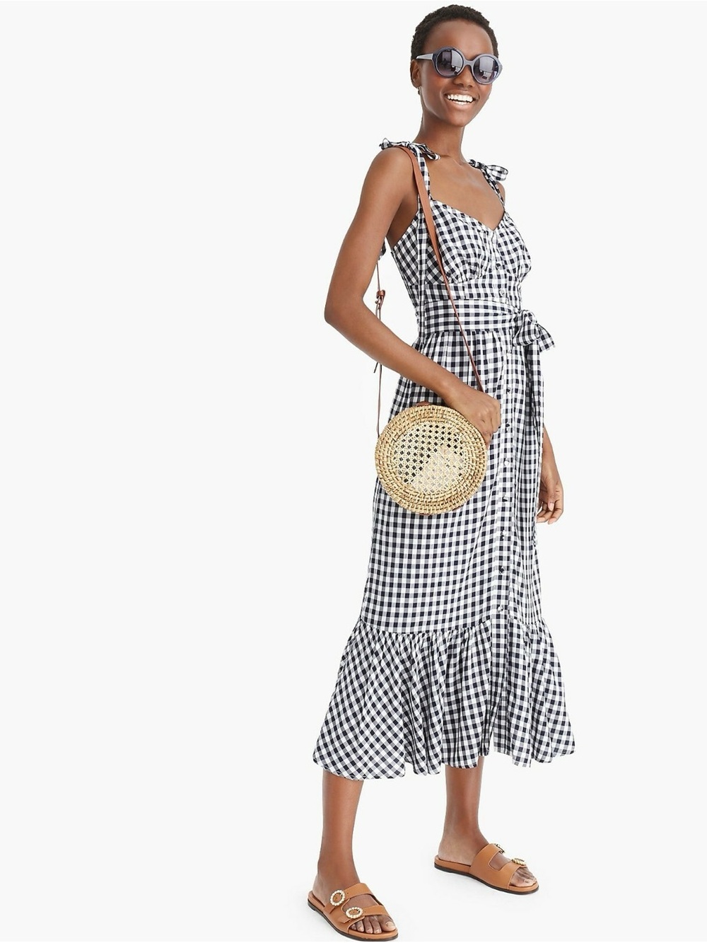J. Crew Black and White Gingham Tie-Shoulder Button Front Ruffle Midi Dress 6